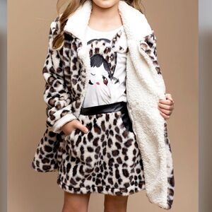 Hannah Banana Girl's Luxe Faux Fur Leopard Teddy Coat Jacket Size 7